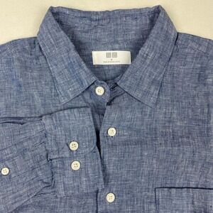 Uniqlo Premium Linen Shirt Mens Medium Blue Long Sleeve Button Down Pocket